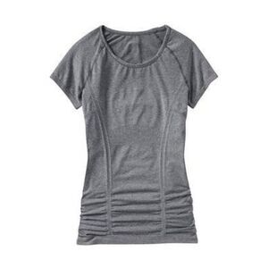 Athleta women's gray short sleeve shirt fastest track tee ruched stretchy active